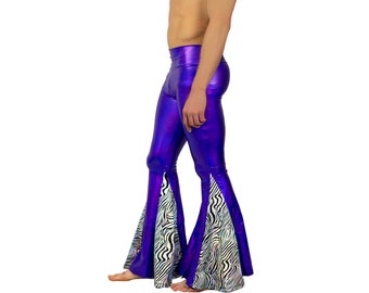 Bell Bottoms, meggings mens flare festival leggings, Holographic Purple burning man pants with Zebra animal print | LOVE KHAOS