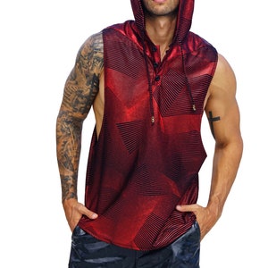 Mens red velvet hooded sleeveless tank top by Love Khaos