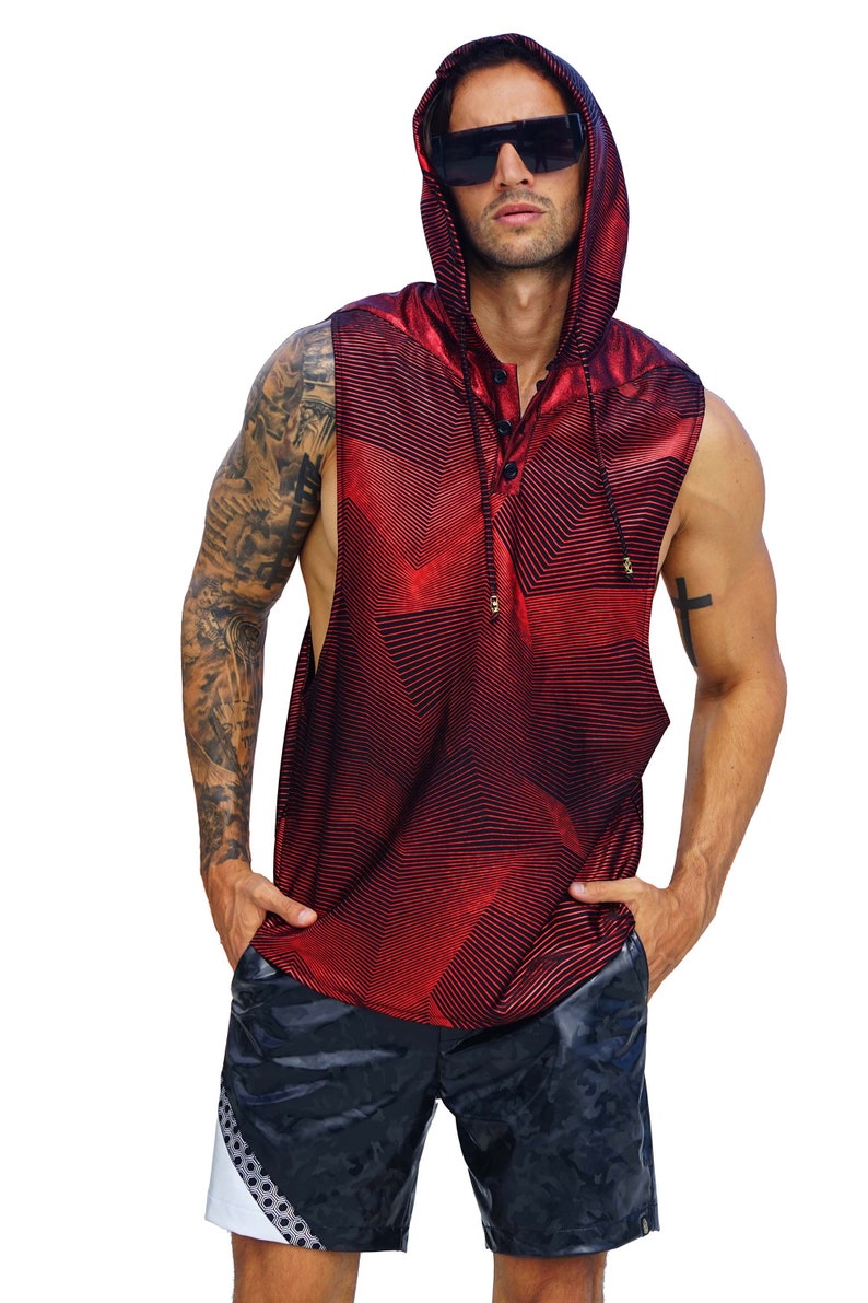 Mens red velvet hooded sleeveless tank top by Love Khaos