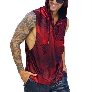 Mens red velvet hooded sleeveless tank top by Love Khaos