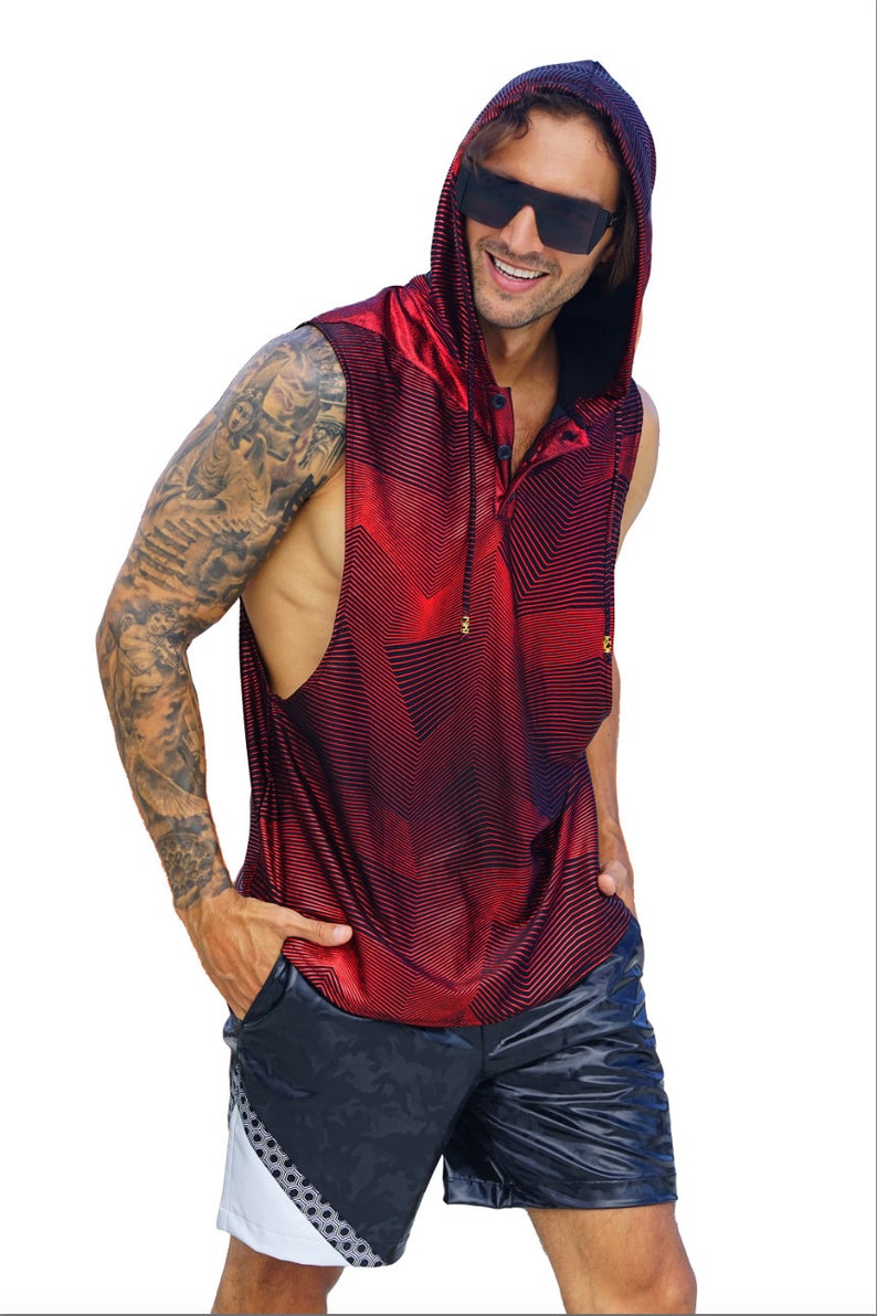 Mens red velvet hooded sleeveless tank top by Love Khaos