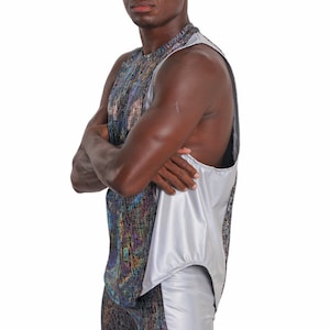 Reflective Shirt Men Rave Wear Futuristic Tank top Metallic Shirt EDC Outfits Men Silver Rave Outfit Holographic Rave Shirt | LOVE KHAOS image 7