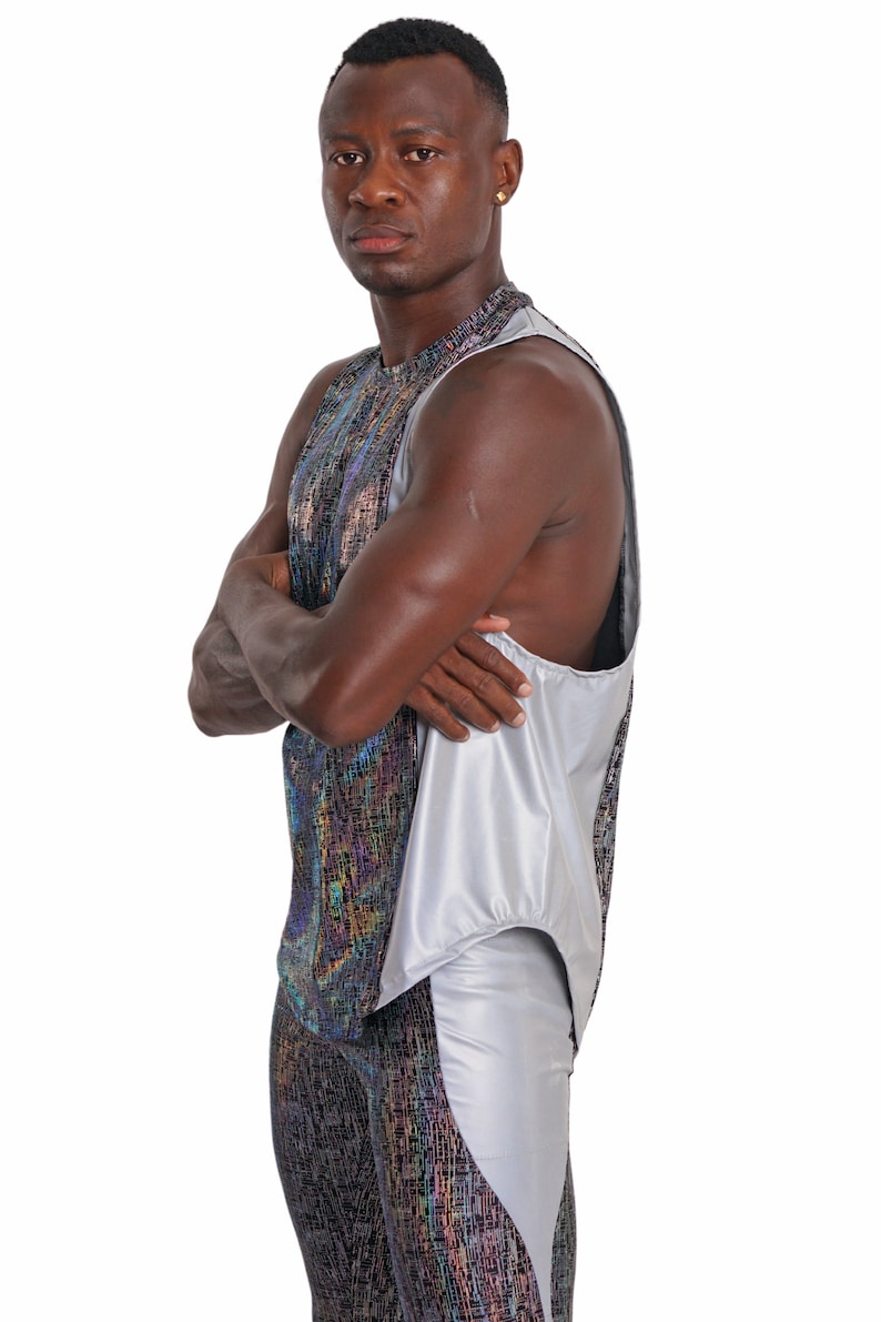 Reflective Shirt Men Rave Wear Futuristic Tank top Metallic Shirt EDC Outfits Men Silver Rave Outfit Holographic Rave Shirt | LOVE KHAOS image 7