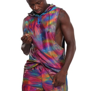 Mens Rave Top Holographic Shirt, Shiny Rainbow Reflective Sleeveless Hoodie Festival Vest | LOVE KHAOS image 8