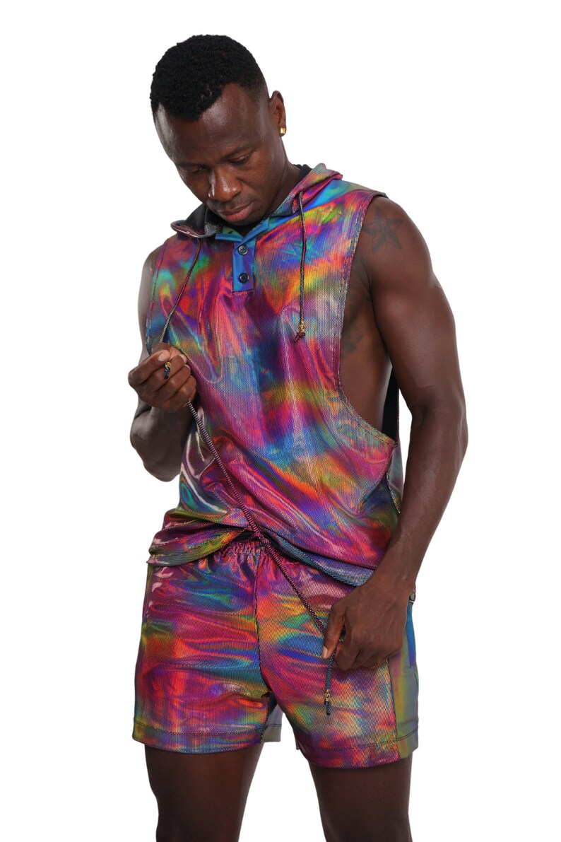 Mens Rave Top Holographic Shirt, Shiny Rainbow Reflective Sleeveless Hoodie Festival Vest | LOVE KHAOS image 8