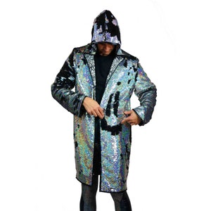 Hoodie med paljettmantel, herr, holografisk paljettkappa, festivalkappa med huva | LOVE KHAOS