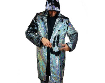 Hooded Cloak Sequin Jacket Mens Holographic Sequin Cape Festival Coat Hoodie | LOVE KHAOS