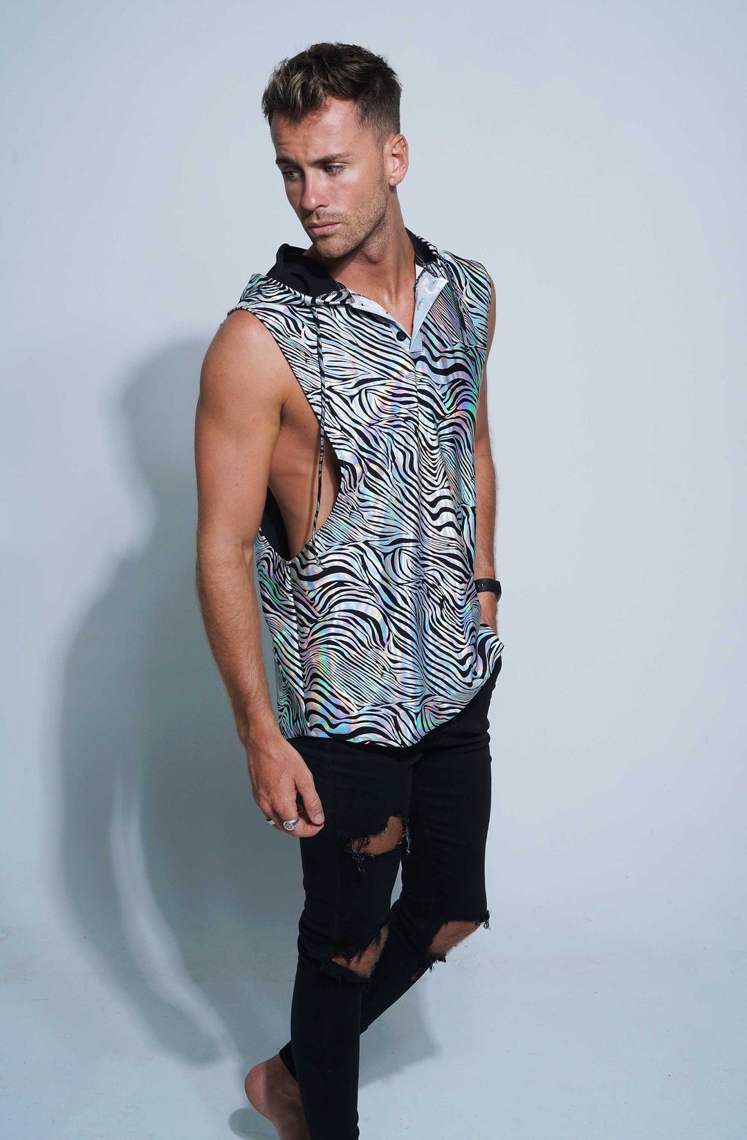 トップス VIAVANDA DISTORTION HOODIE TANK TOP Reflective Top Mens Rave Holographic Psychedelic Hoodie Muscle
