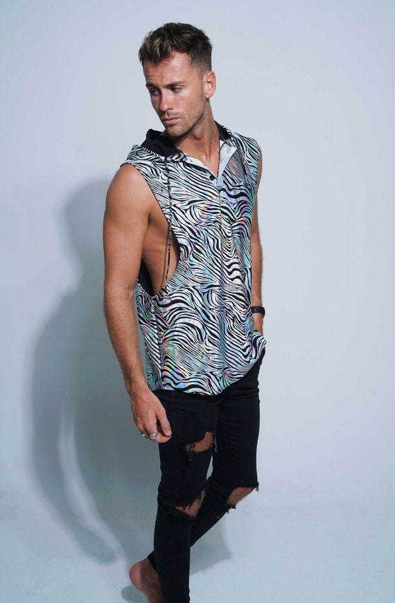 Reflective Top, Mens Rave, Holographic Psychedelic Hoodie Muscle Tank in  Zebra Print by Love Khaos 