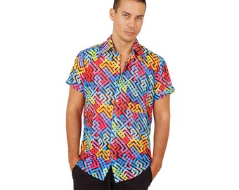 Casual Dress Shirt Vacation Shirt Psychedelic Shirt Patterned Button Up Geometric Shirt Men Colorful Button Down Shirt Men | LOVE KHAOS