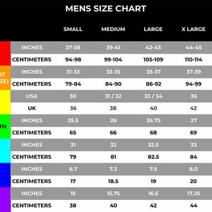May include: A size chart for men's clothing with measurements in inches and centimeters. The chart includes chest, actual waist, pants size, sleeve length, inseam, wrist, and neck measurements.