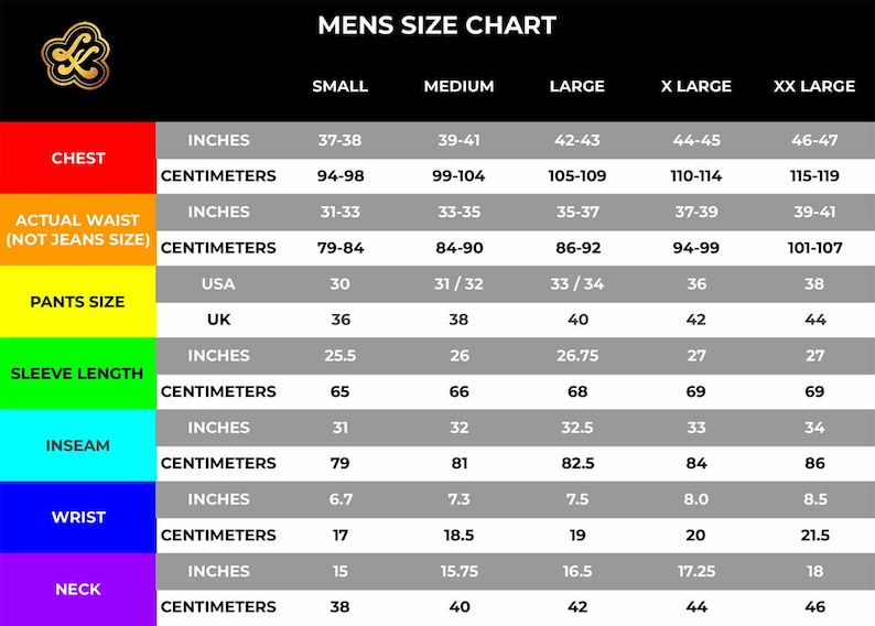 May include: A size chart for men's clothing with measurements in inches and centimeters. The chart includes chest, actual waist, pants size, sleeve length, inseam, wrist, and neck measurements.