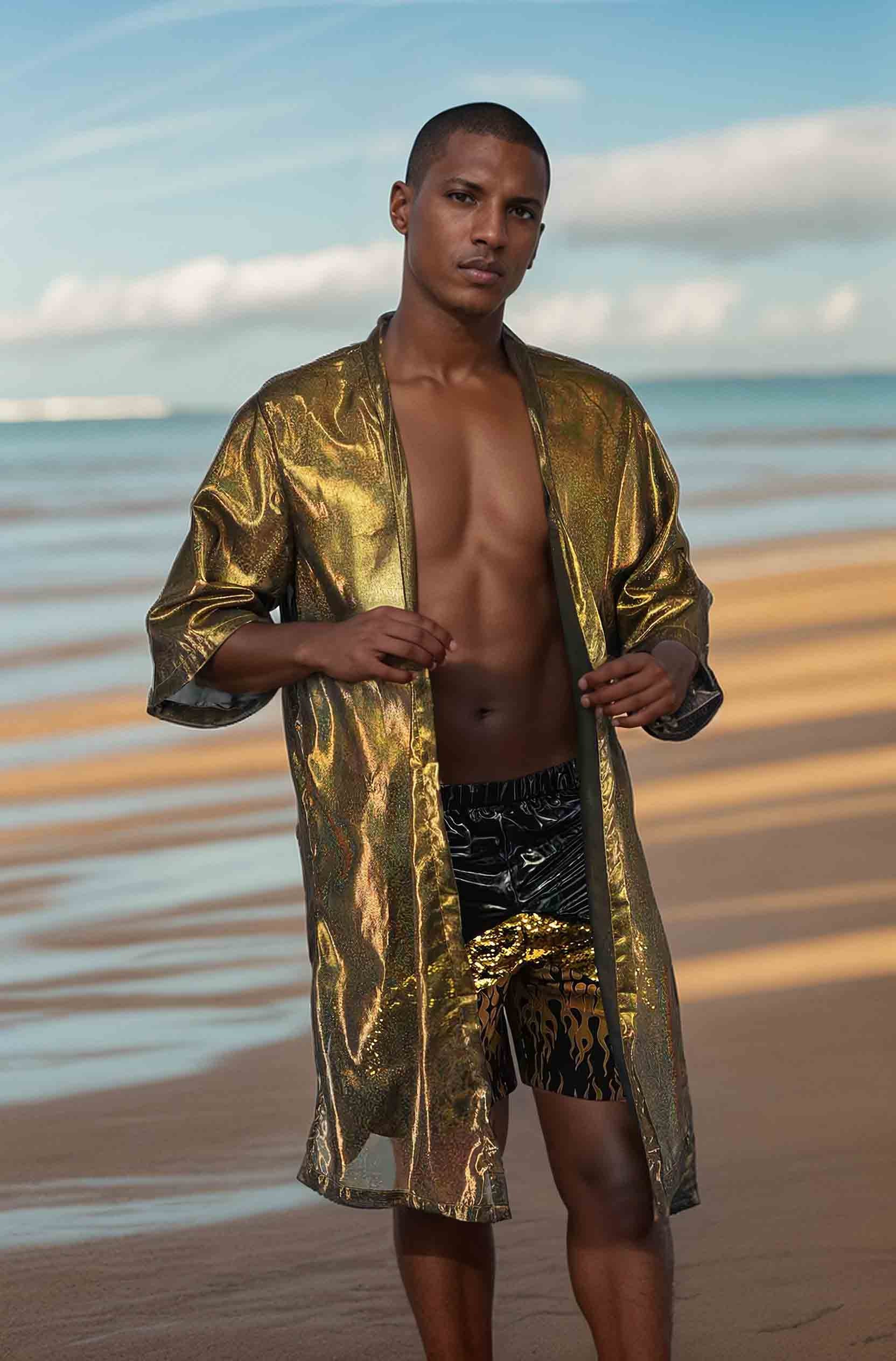 Gold Robe Mens Gold Kimono Cardigan Men Rave Robe Glitter
