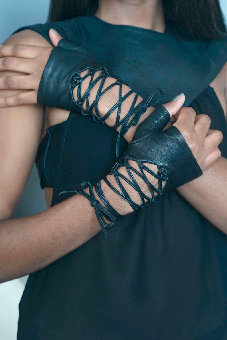 Black leather fingerless lace-up gloves from Love Khaos