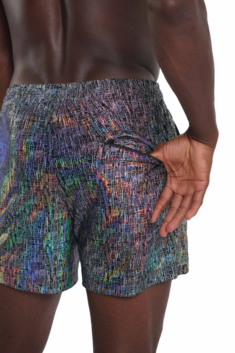 Graphic Shorts Silver Reflective Shorts Rave Festival Outfits Mens Drawstring Shorts | LOVE KHAOS image 9