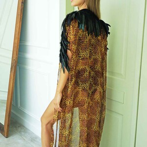 Sheer Leopard Print Kimono Cardigan Feather Robe Kaftan Boho Kimono Rave Kimono Beach Cover Up Sleeveless Long Kimono | Love Khaos