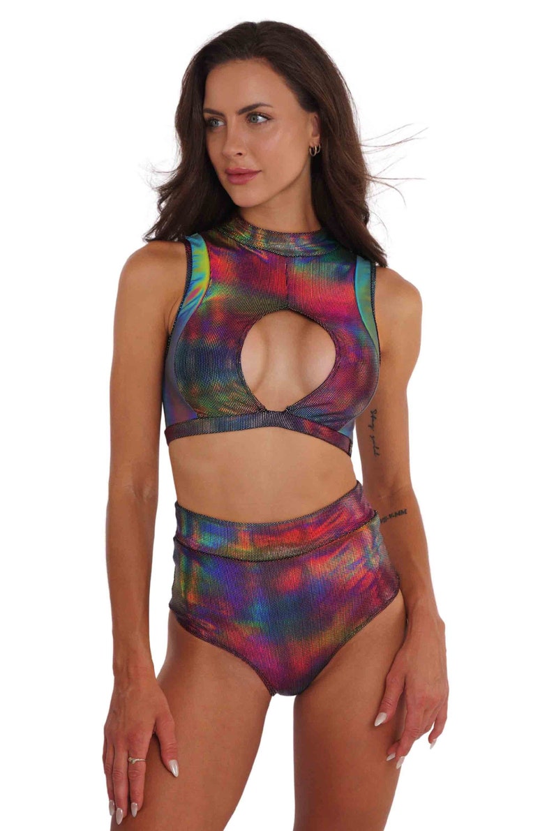 Rave Outfit Women Holographic Silver Festival Crop Top Cleavage Top Rave Wear | LOVE KHAOS Rainbow