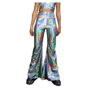 Disco Pants Holographic Silver High Waisted Bell Bottoms Futuristic Pants Bell Bottom Pants Flared Pants Womens Rave Pants | LOVE KHAOS