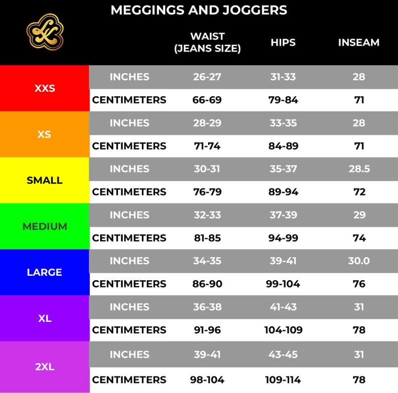 Puede incluir: Una tabla de tallas para leggings y pantalones deportivos para mujer, que muestra las medidas de cintura y cadera en pulgadas y cent&iacute;metros, as&iacute; como la longitud de la entrepierna en pulgadas. La tabla incluye tallas desde XXS hasta 2XL.