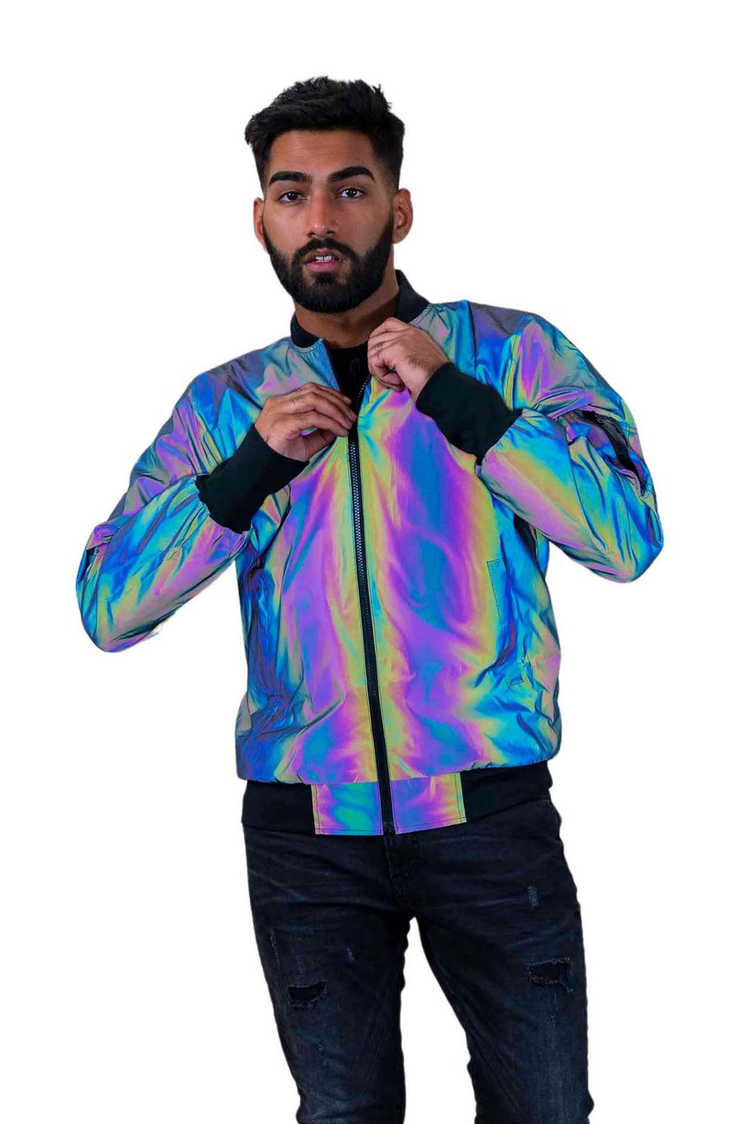 Sara Sara Rainbow Smiley Face Metallic Bomber Jacket