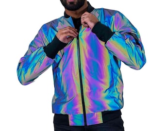 Reflective Bomber Jacket, Unisex windbreaker Rainbow coat, futuristic  burning man clothing Techwear by Love Khaos