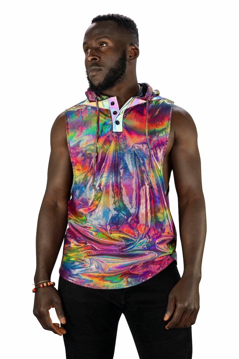Rainbow holographic muscle tee with hood by Love Khaos.