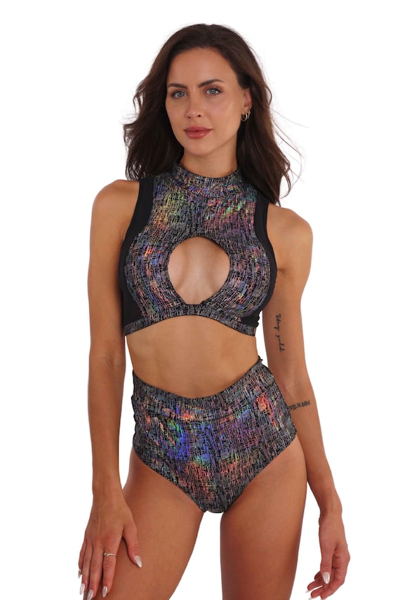 Rave Outfit Women Holographic Silver Festival Crop Top Cleavage Top Rave Wear | LOVE KHAOS