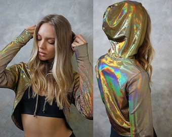 Gold Crop Top Glitter Sweatshirt shiny jacket crop hoodie velvet sweatshirt cropped rave hoodie holographic hoodie gold bolero by Love Khaos