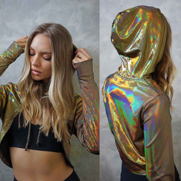 Gold Crop Top Glitter Sweatshirt shiny jacket crop hoodie velvet sweatshirt cropped rave hoodie holographic hoodie gold bolero by Love Khaos