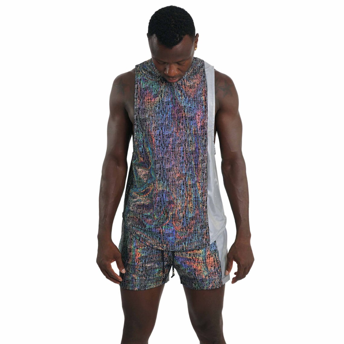 Silver Reflective Rave Reflective Shirt Men Rave Wear Futuristic Tank Top Metallic Shirt EDC ...