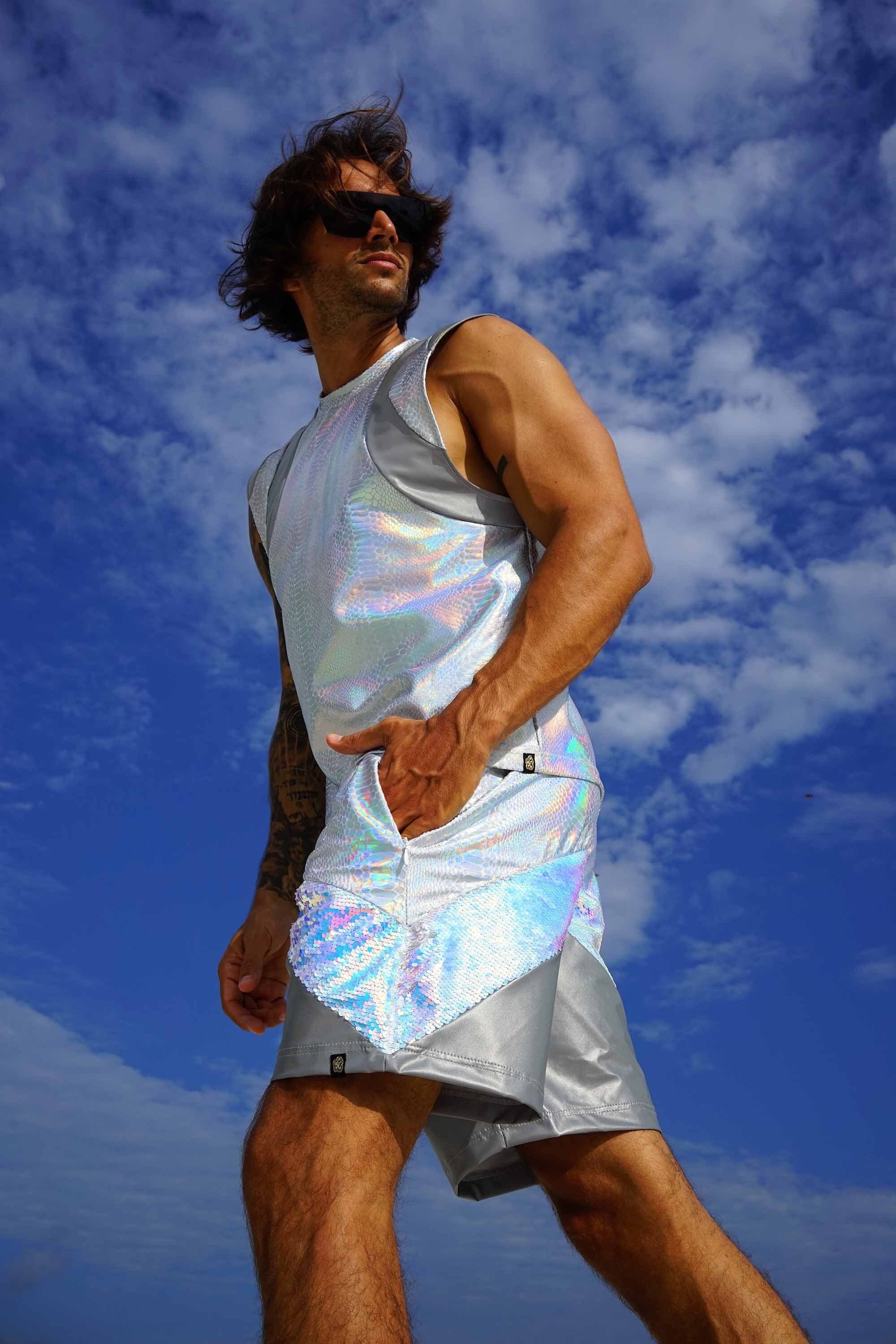 Mens Holographic Sequin Festival Shorts With Zipper Pockets | LOVE
