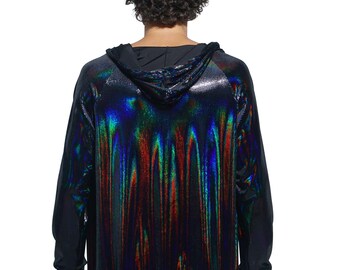 Holographic Jacket Futuristic Zip up Hoodie, Cyberpunk