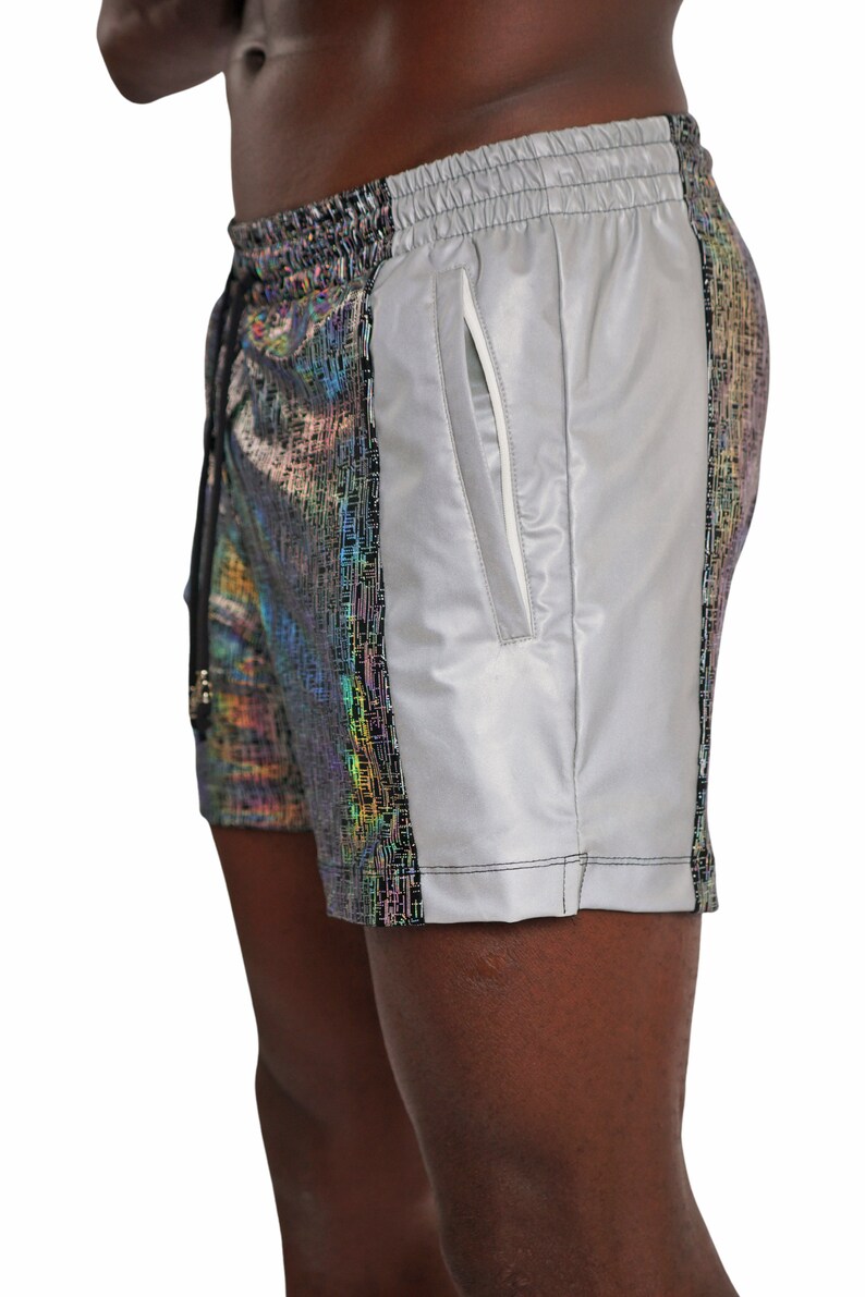 Graphic Shorts Silver Reflective Shorts Rave Festival Outfits Mens Drawstring Shorts | LOVE KHAOS image 6