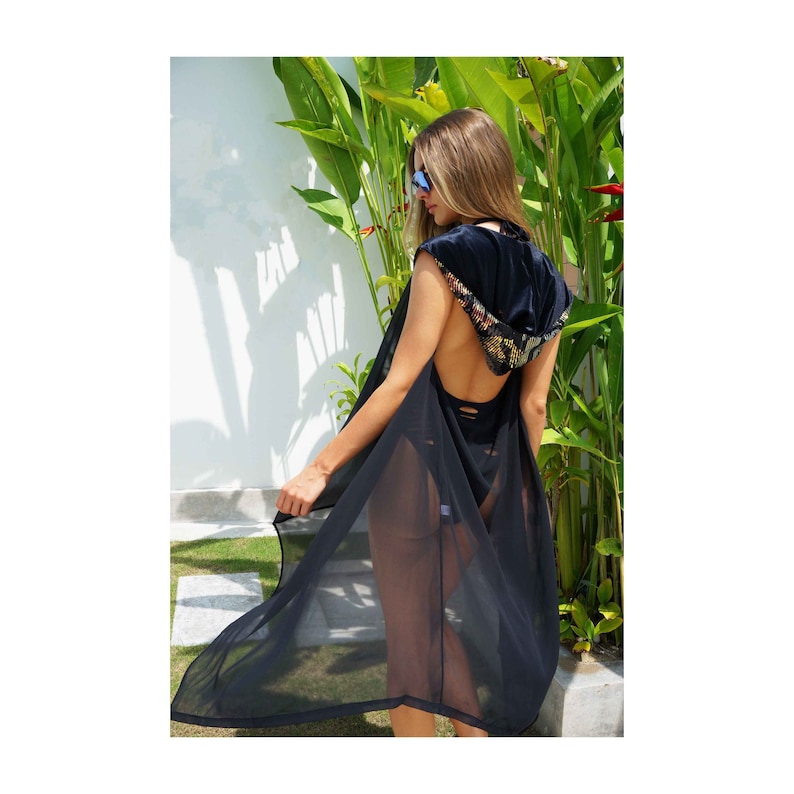 Black chiffon open front kimono vest with sequin and velvet hood by Love Khaos