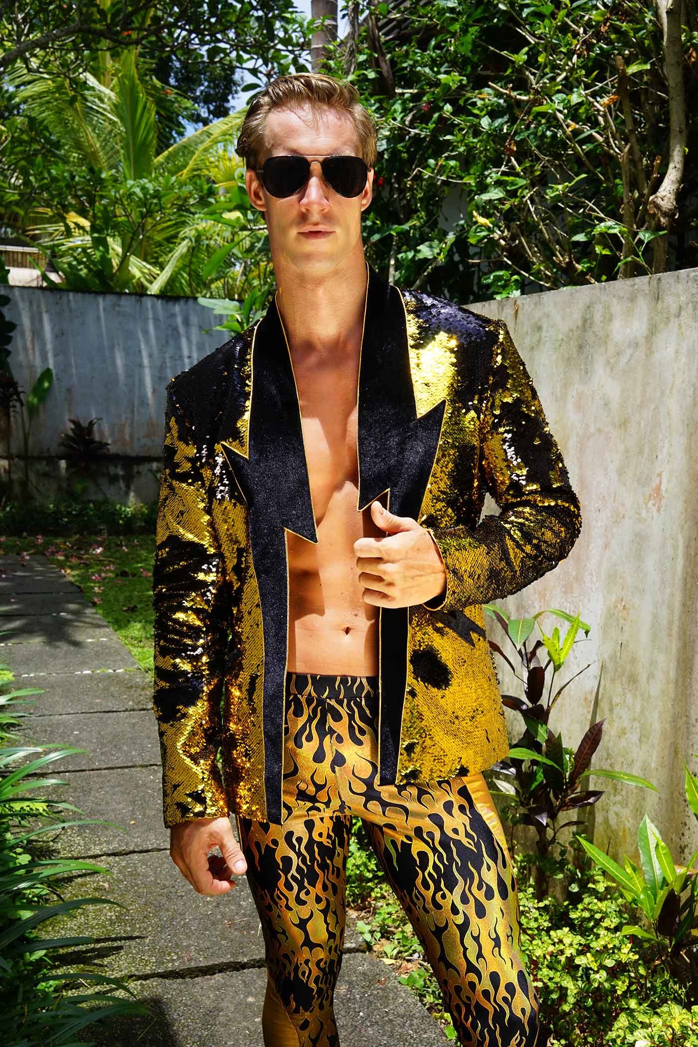 Gold Sequin Jacket Men David Bowie Lightning Bolt Futuristic