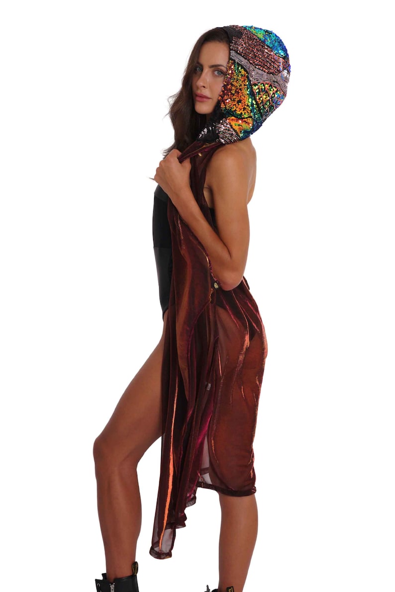 May include: A woman wearing a burgundy sheer long-sleeved top with a sequined rainbow-colored hood.