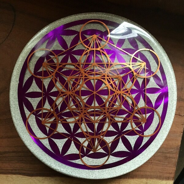 EXTRA LARGE 8 Inch Sacred Geometry Orgone Energy Charging Plate - Copper Metatron's Cube & Metallic Purple Flower of Life