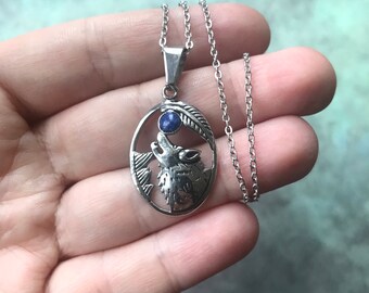 Eagle moon Pendentif Chaîne Collier Sautoir Verre Tibet bijoux argent