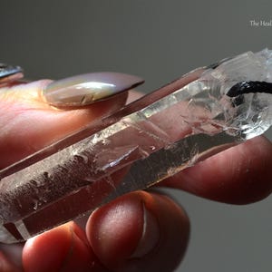 Op de afbeelding: Een heldere kwartskristallen hanger met een zwart koord. Het kristal wordt in een hand gehouden en het oppervlak is facetgeslepen met zichtbare interne insluitsels. De tekst The Healing Sea Wolf staat in de rechterbovenhoek.
