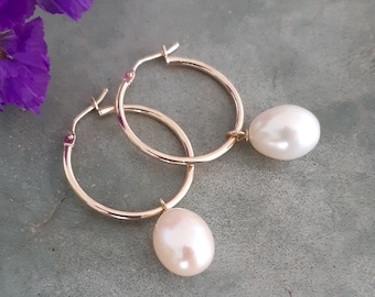 14k Solid Gold Pearl Hoop Earrings: Freshwater Pearl Drop