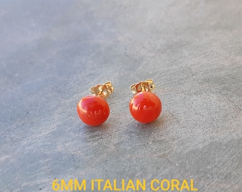14k solid gold italian coral earrings,natural coral cabochon stud earrings,coral jewelry,anniversary wife gift,christmas gift earrings
