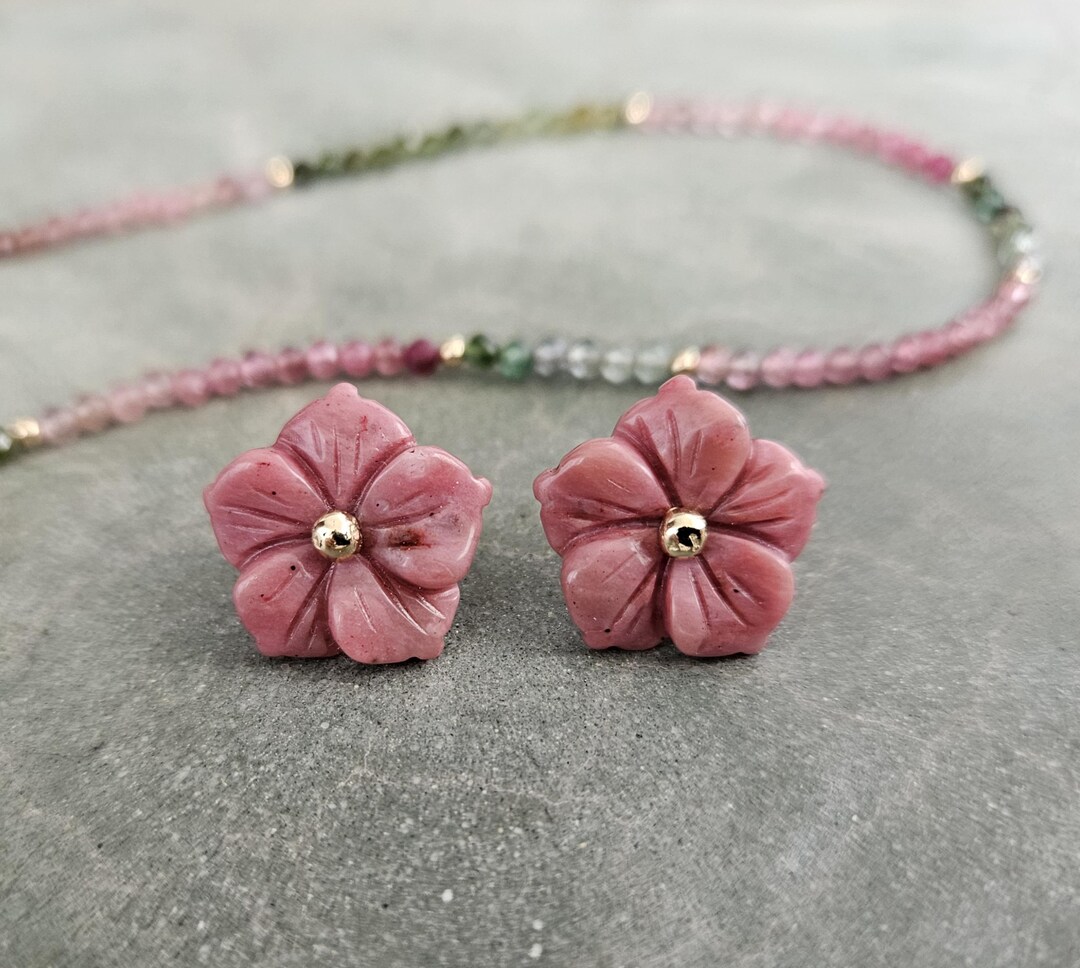 14k Solid Gold Rhodonite Flower Earrings: Hand-carved Gemstone Studs - Etsy