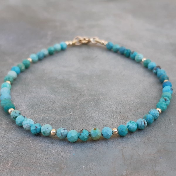 Turquoise bracelet,14k solid gold turquoise beaded bracelet,14k gold turquoise stacking bracelet,beaded turquoise bracelet,gemstone bracelet