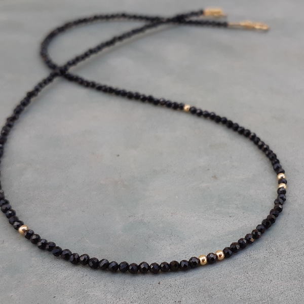 14k gold Black spinel beaded necklace,14k solid yellow gold 2mm black spinel necklace, tiny black chocker,minimalist dainty chocker necklace