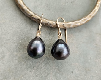 14k Solid Gold Black Pearl Dangle Earrings, Freshwater Peacock Pearl, Anniversary Gift