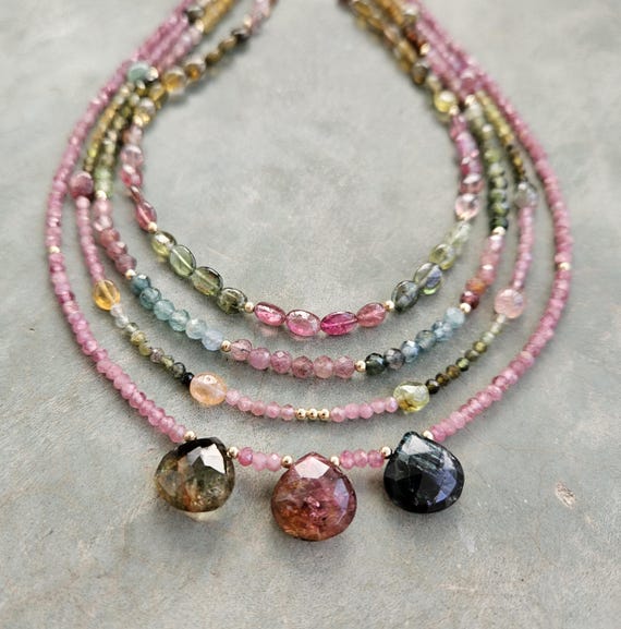 14k solid gold pink Tourmaline beaded necklace,natural pink tourmaline necklace,pink gemstone beaded chocker, anniversary wife gift,