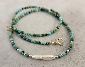Collar de turquesa de oro macizo de 14 k con perla, collar de perlas de turquesa natural, regalo de aniversario para esposa