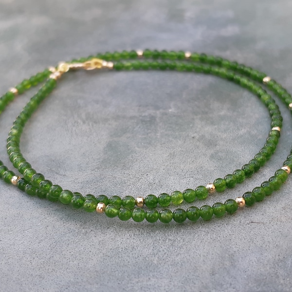 14k solid gold jade necklace,2mm green jade beaded necklace chocker,anniversary wife gift,jade jewelry,14k solid gold jade necklace