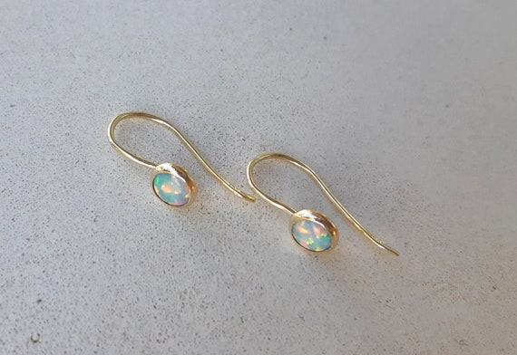 Opal gold earrings,14k solid gold white opal earrings,yellow gold opal dangle earrings,minimalist gold opal earrings,anniversary opal gift