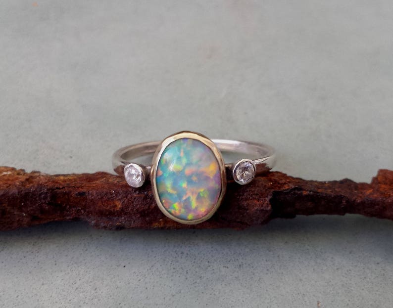 White opal engagement ring,unique alternative engagement ring,9k gold and silver opal ring,white oval opal ring,opal cabochon ring